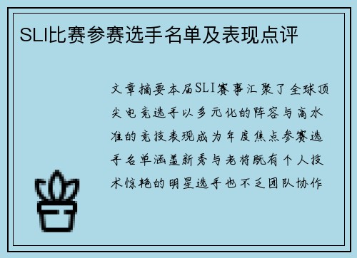 SLI比赛参赛选手名单及表现点评