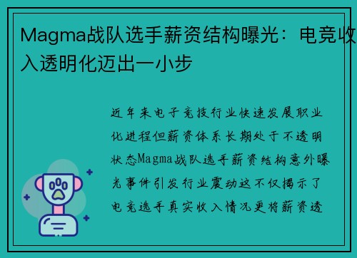 Magma战队选手薪资结构曝光：电竞收入透明化迈出一小步